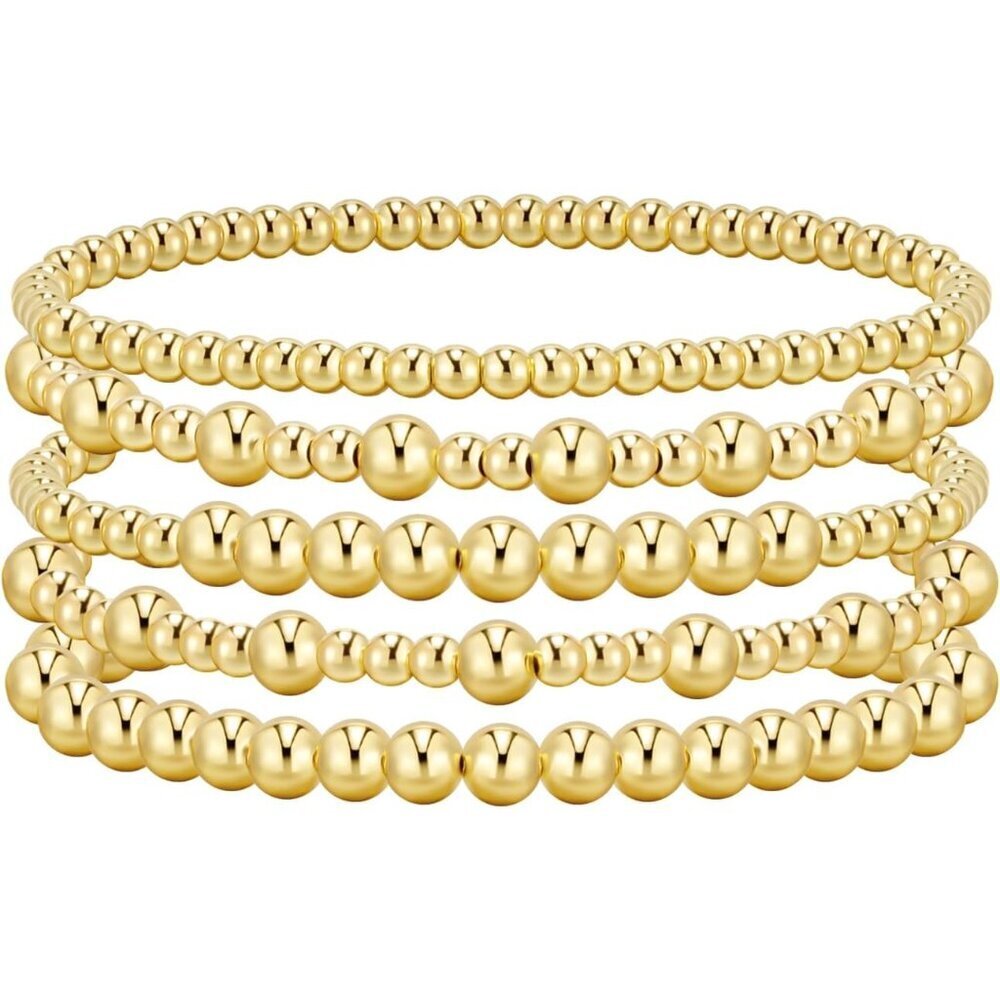 Women Gold Beaded Bracelets Set 14K Gold Plated Stylish Stackable Jewelry